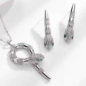 Serpent Loop Necklace & Earrings Set – Silver-Tone Crystal Snake Jewelry